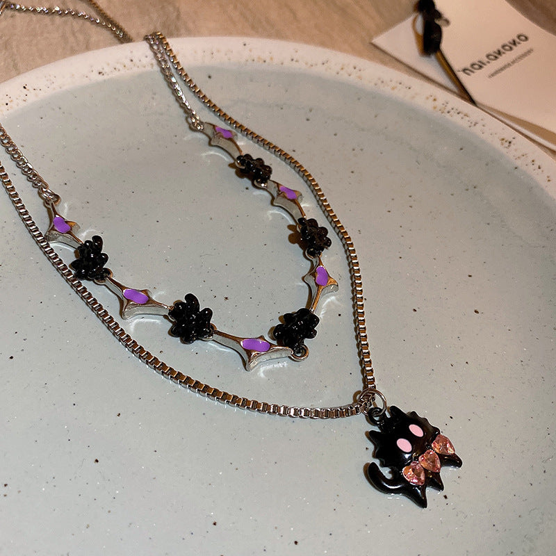 可愛彩色卡通大眼貓咪櫻桃項鍊暗黑系鎖骨鏈新款甜酷風高級感項飾