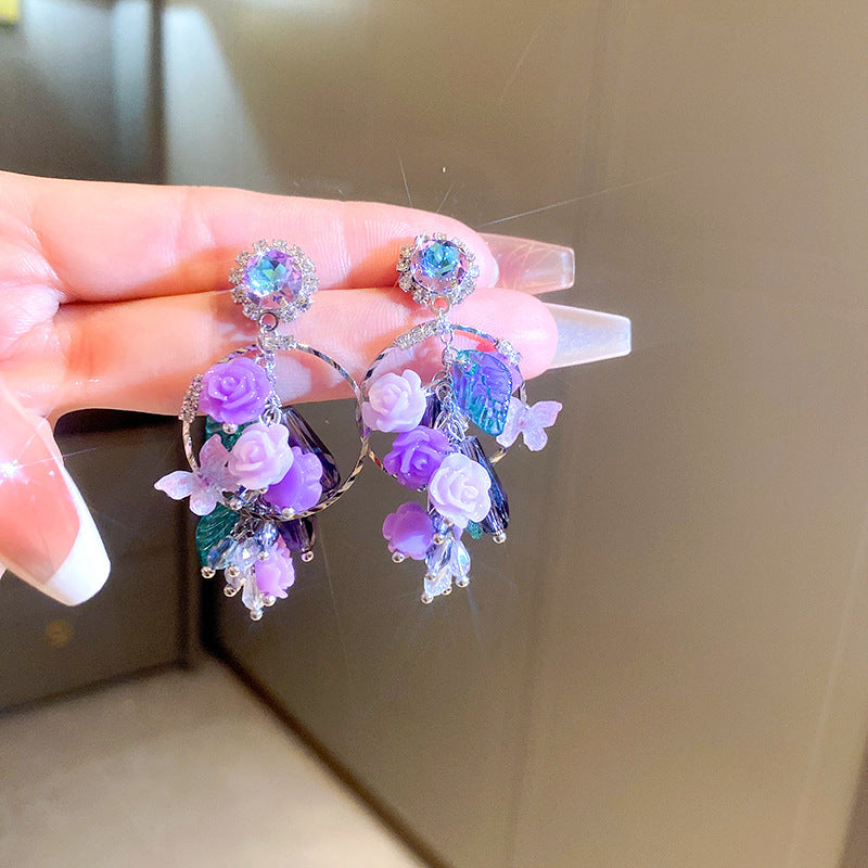 波西米亞超仙花朵流蘇耳環女早春時尚百搭耳釘輕奢高級感耳飾