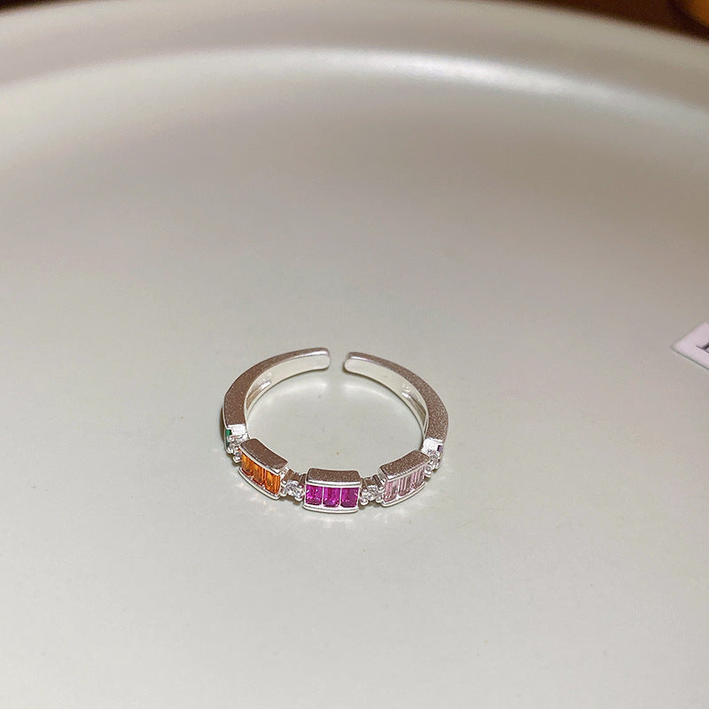 彩色方形鋯石花朵雙環開口戒指日韓小衆甜美食指戒潮流時尚手飾女