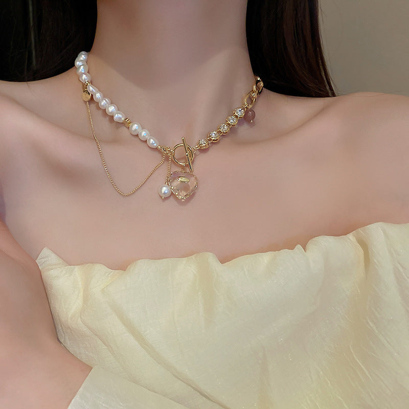 東大門鑲鑽愛心淡水珍珠T形扣項鍊時尚氣質鎖骨鏈個性新款項飾女