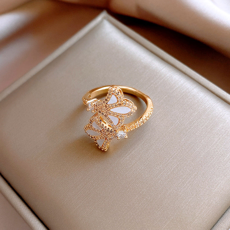 真金電鍍鋯石貝母魚尾開口戒指女輕奢小衆食指戒指環高級感手飾女