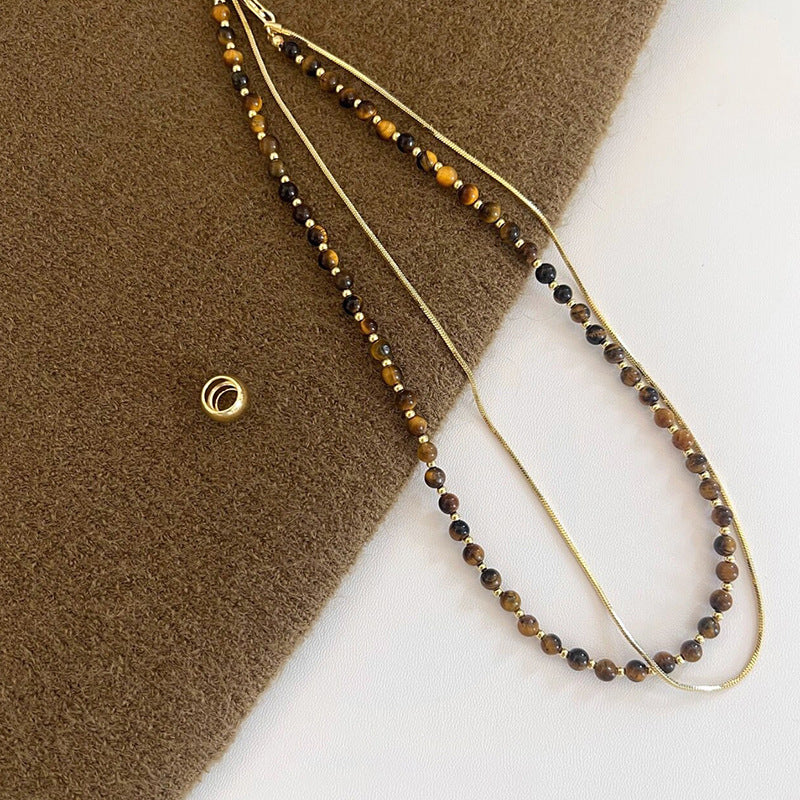美拉德人造虎眼石項鍊小衆復古設計感鎖骨鏈時尚輕奢高級感項飾女