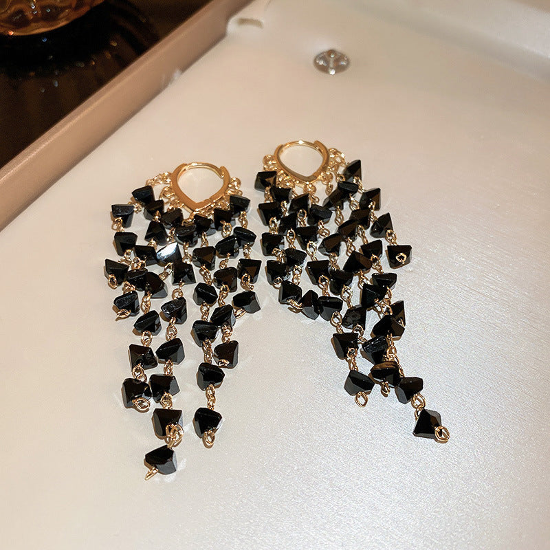 歐美黑色鑲鑽蝴蝶花朵流蘇耳環小衆氣質耳釘跨境高級感輕奢耳飾女