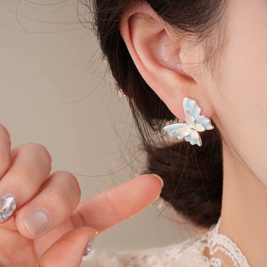 銀針滴油雙層蝴蝶耳釘韓系小清新甜美百搭耳環時尚簡約小巧耳飾女