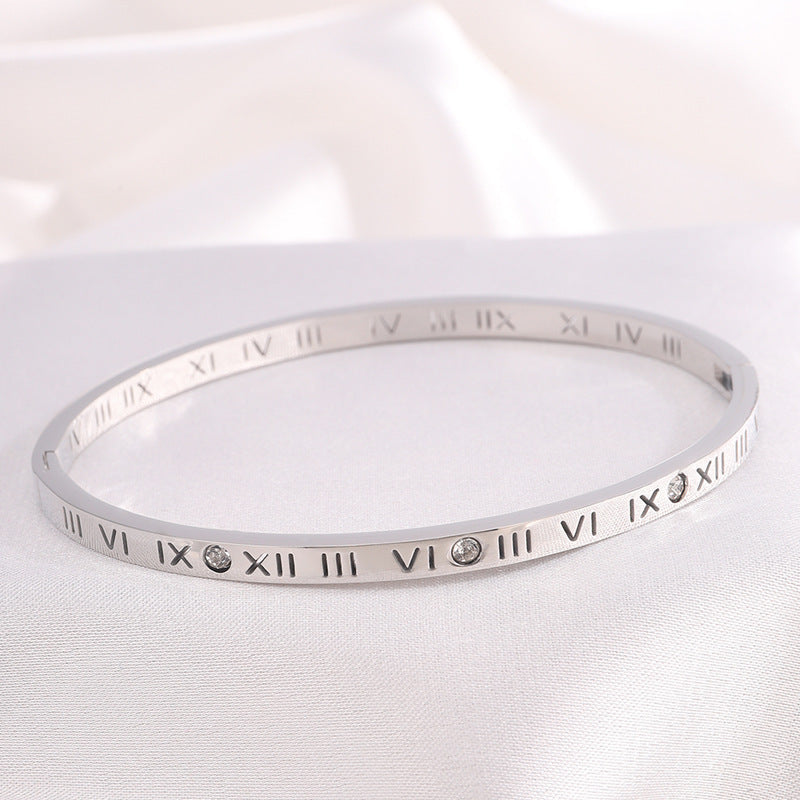 鈦鋼手鐲羅馬數字鑲鑽手鐲不鏽鋼手鐲女生高級感時尚簡約鑲鑽不掉色