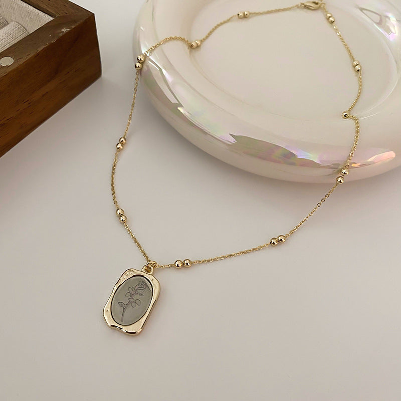 真金電鍍花朵方牌項鍊韓國時尚設計感鎖骨鏈個性冷淡ins風項飾女