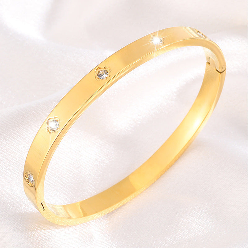 新款歐美不鏽鋼四葉草手鐲簡約18k真金情侶熱銷高級感不掉色手環