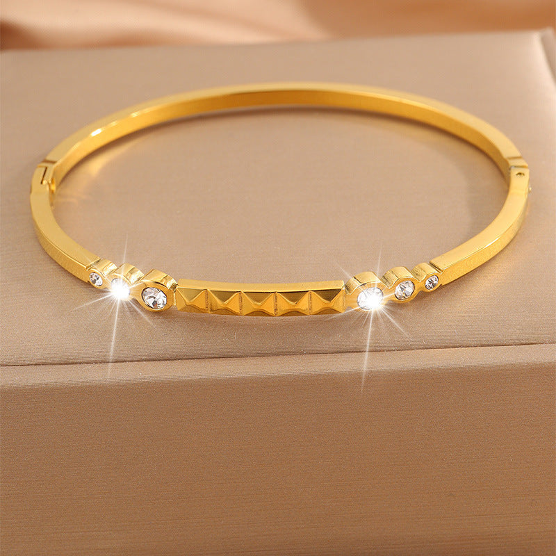 不鏽鋼手鐲精簡方形柳釘鑲鑽開口手環女抖音爆款不掉色手鐲飾品