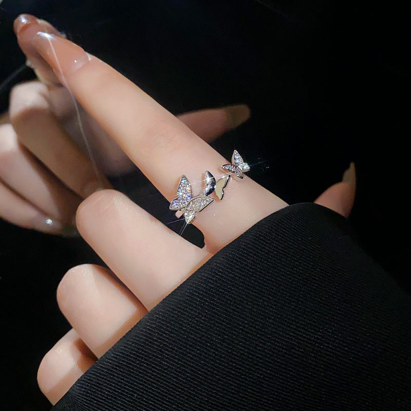 高級感鋯石珍珠蝴蝶貝殼開口戒指小衆簡約食指戒輕奢時尚百搭手飾