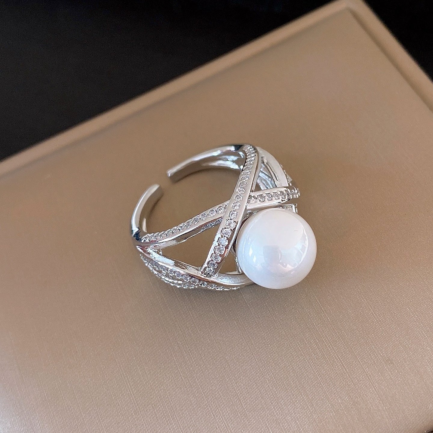 法式氣質鋯石鏤空珍珠開口戒指輕奢高級感食指戒時尚百搭個性手飾