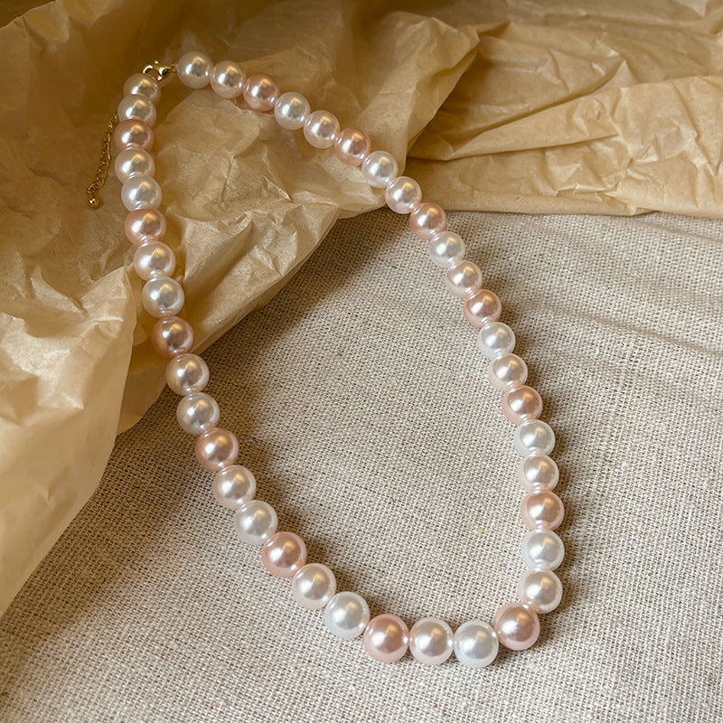 法式輕奢粉色拼色珍珠項鍊名媛時尚設計鎖骨鏈復古輕奢高級感項飾