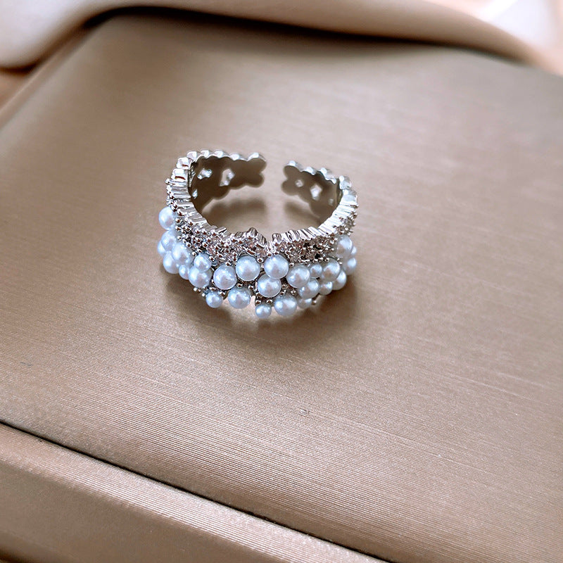 法式復古鋯石珍珠開口戒指氣質時尚潮流食指戒輕奢高級感手飾