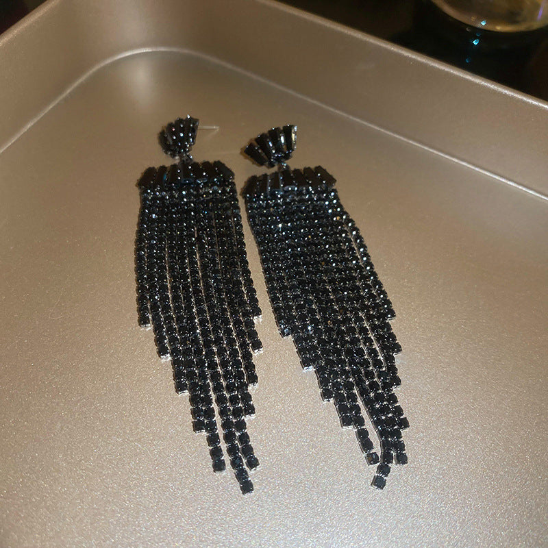 歐美黑色鑲鑽蝴蝶花朵流蘇耳環小衆氣質耳釘跨境高級感輕奢耳飾女