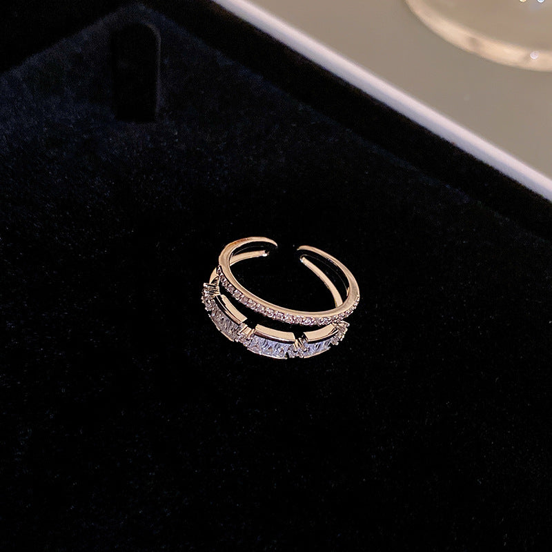 真金電鍍方形鋯石字母戒指東大門雙層開口食指戒輕奢高級感指環女