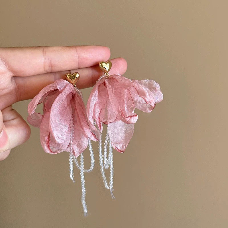 波西米亞超仙花朵流蘇耳環女早春時尚百搭耳釘輕奢高級感耳飾