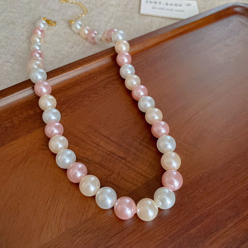 法式溫柔粉色珍珠項鍊個性時尚甜美鎖骨鏈毛衣鏈高級感項飾女