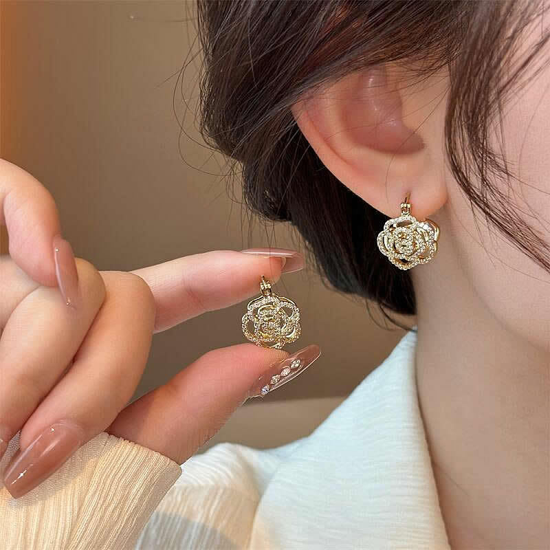 真金電鍍銀針鋯石珍珠花朵貝母耳環簡約時尚耳釘氣質高級感耳飾女