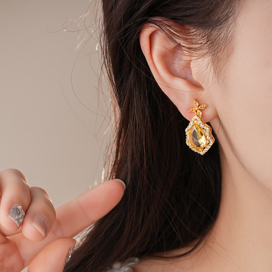 銀針綠色鑲鑽鋯石菱形花朵耳釘女歐美跨境氣質耳環輕奢高級感耳飾