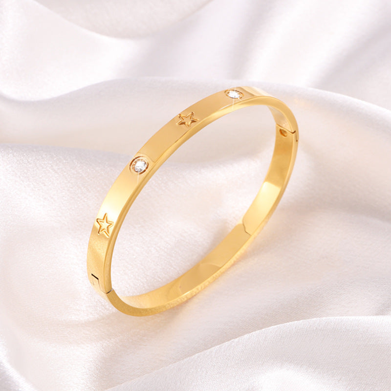 鈦鋼手鐲歐美時尚壓印鑲鑽五角星手鐲女生高級感簡約不掉色飾品
