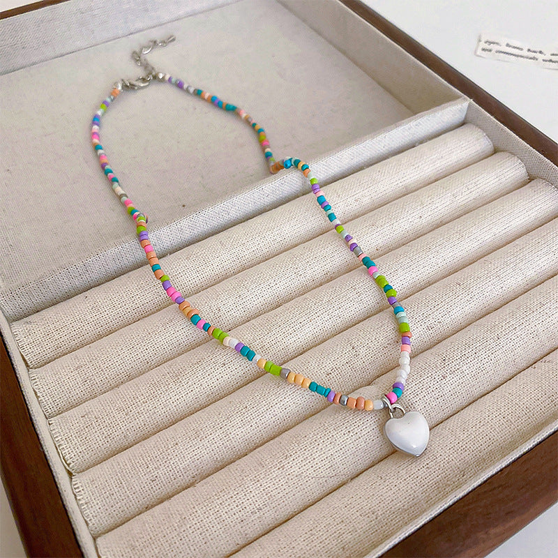 彩色米珠拼接愛心吊墜項鍊波西米亞小清新ins鎖骨鏈項墜甜美項飾