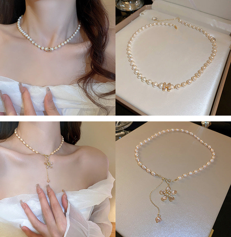 法式復古淡水珍珠愛心圓珠項鍊時尚優雅氣質鎖骨鏈新款項墜項飾女