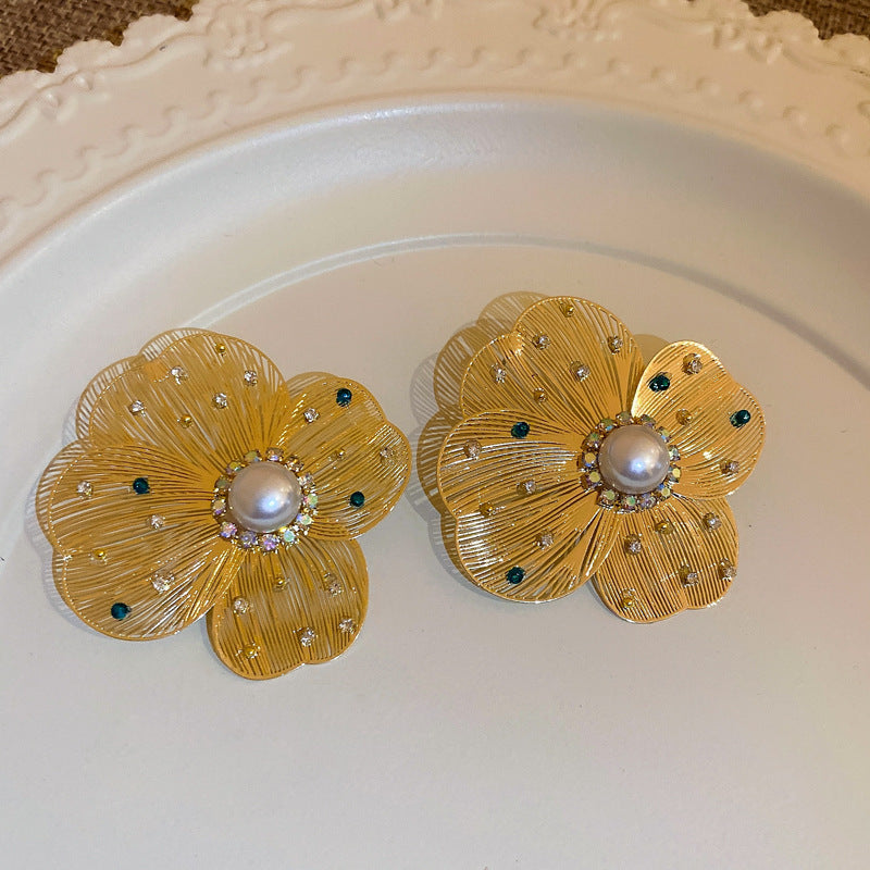 銀針超仙珍珠花朵流蘇耳環氣質時尚耳釘跨境歐美誇張高級感耳飾女