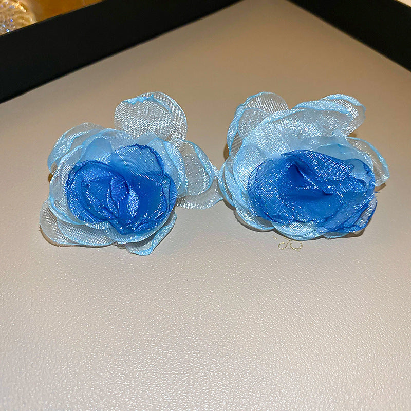 銀針小清新藍色米珠水晶花朵耳環甜美少女耳釘輕奢高級感耳飾