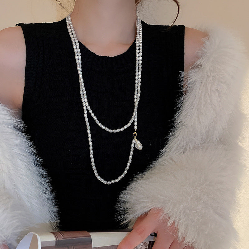 高級感鑲鑽灰色珍珠項鍊網紅氣質鎖骨鏈毛衣鏈秋冬輕奢復古項飾女