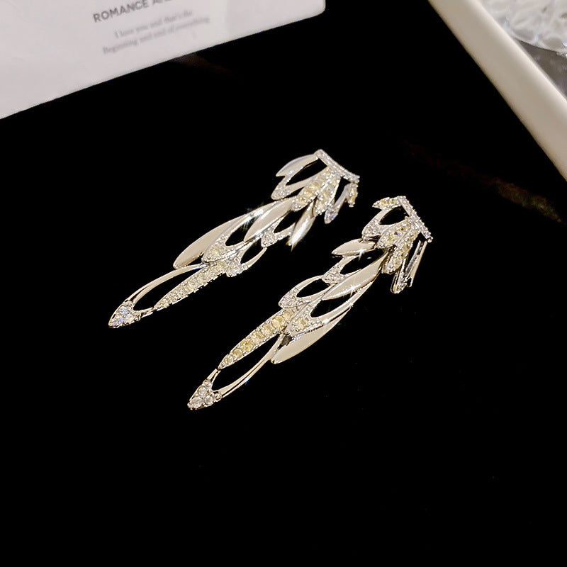 銀針跨境冷淡風銀色鑲鑽鋯石花朵珍珠耳環長款流蘇耳釘高級感耳飾