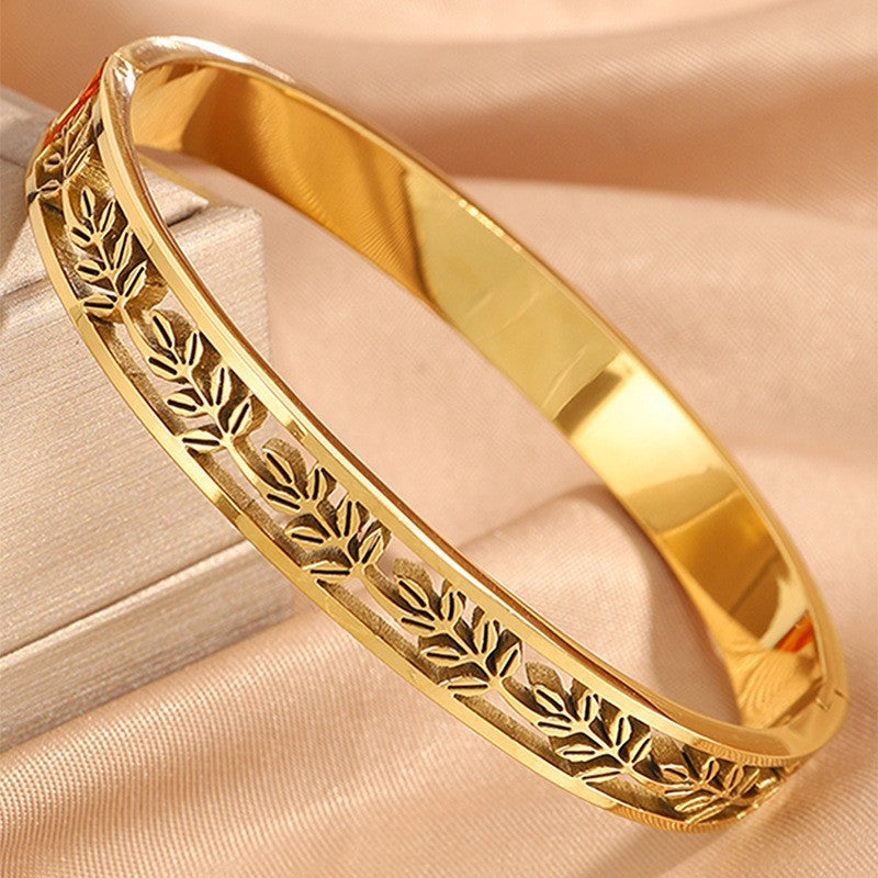 鈦鋼手鐲鏤空花紋樹葉麥穗不掉色女新款手環個性簡約設計手鐲飾品