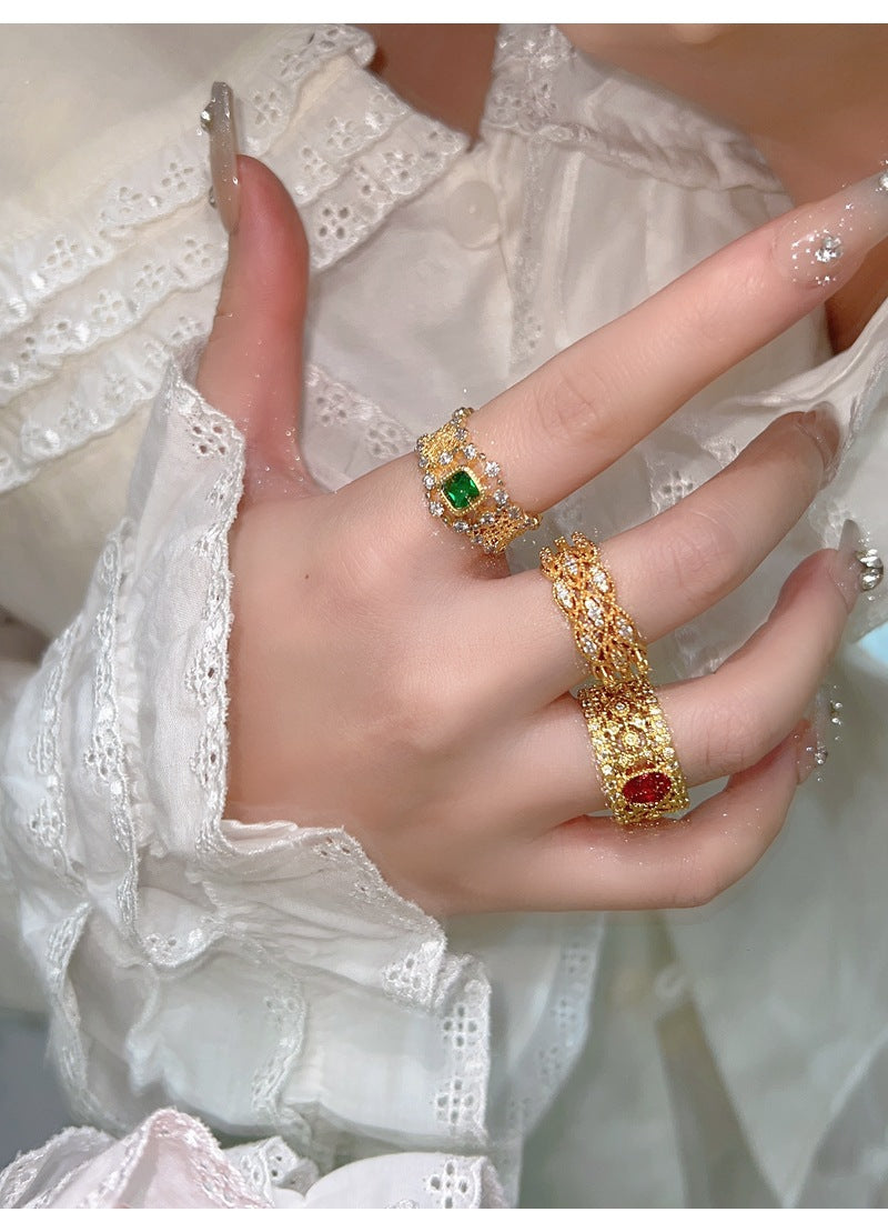 真金電鍍鋯石交叉開口戒指法式復古氣質食指戒輕奢高級感手飾