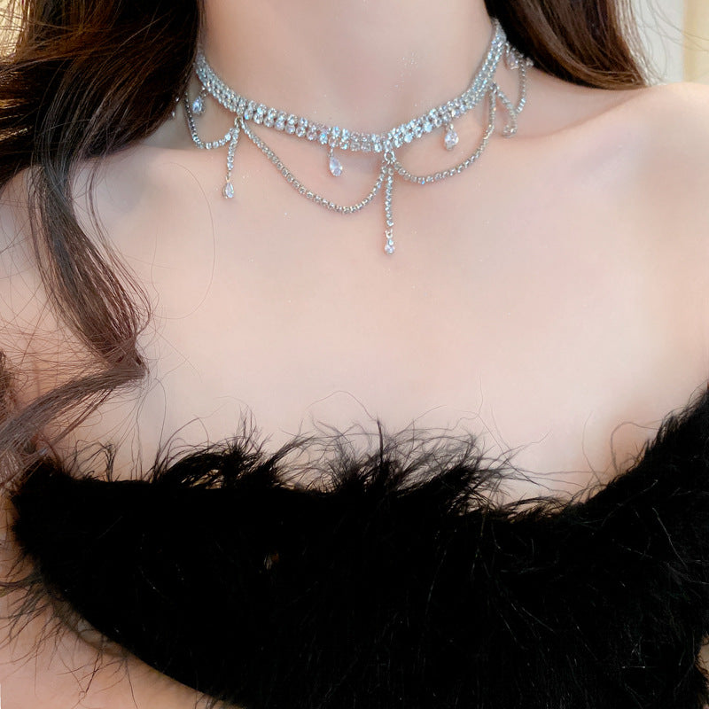 冷淡風時尚鋯石水滴鑲鑽流蘇項鍊小衆個性氣質鎖骨鏈歐美誇張項飾