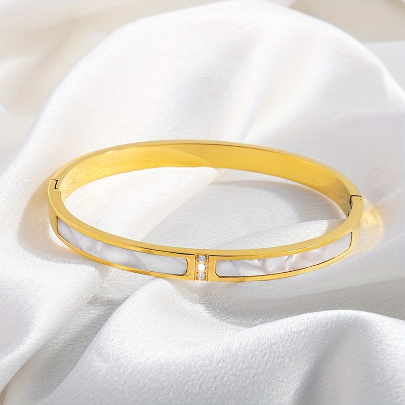 鈦鋼手鐲三鑽白貝母貝殼手鐲簡約不鏽鋼百搭時尚款歐美配飾手環女