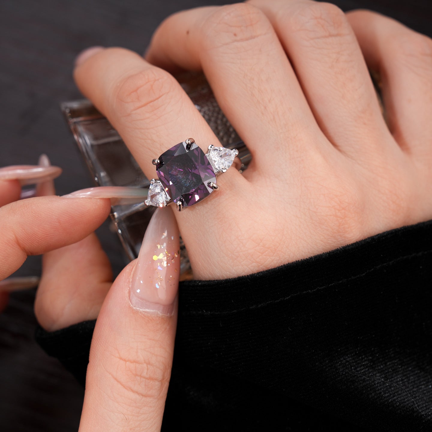 超閃鋯石長方形開口戒指時尚高級感食指戒歐美跨境簡約百搭手飾女