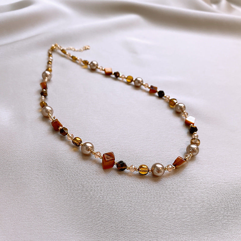 秋冬咖色貝殼圓形人造虎眼石款項鍊復古高級感毛衣鏈美拉德項飾女