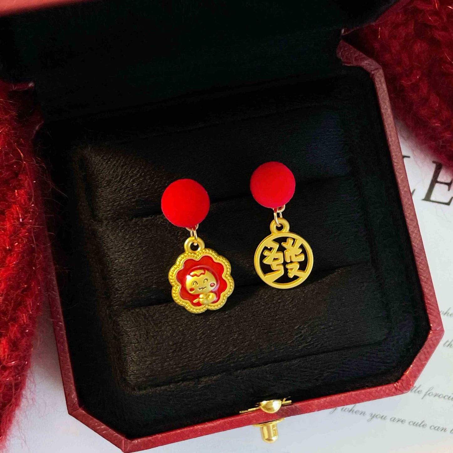 銀針安可拉紅色滴油幾何愛心草莓耳釘氣質甜美耳環復古高級感耳飾