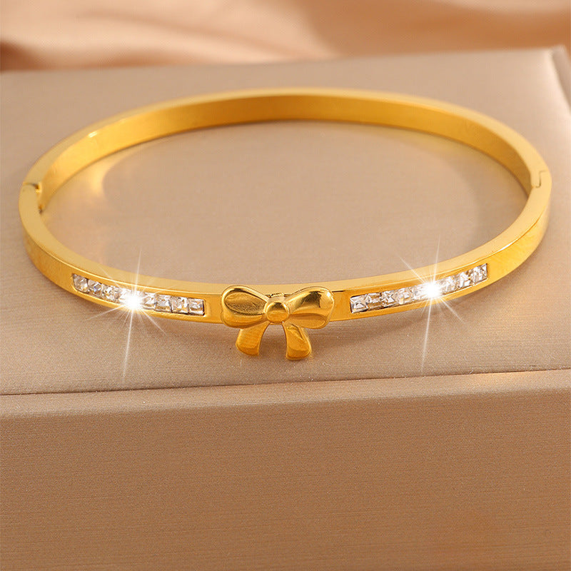 不鏽鋼蝴蝶結排鑽手鐲女輕奢高級感歐美時尚不褪色開口飾品手鐲
