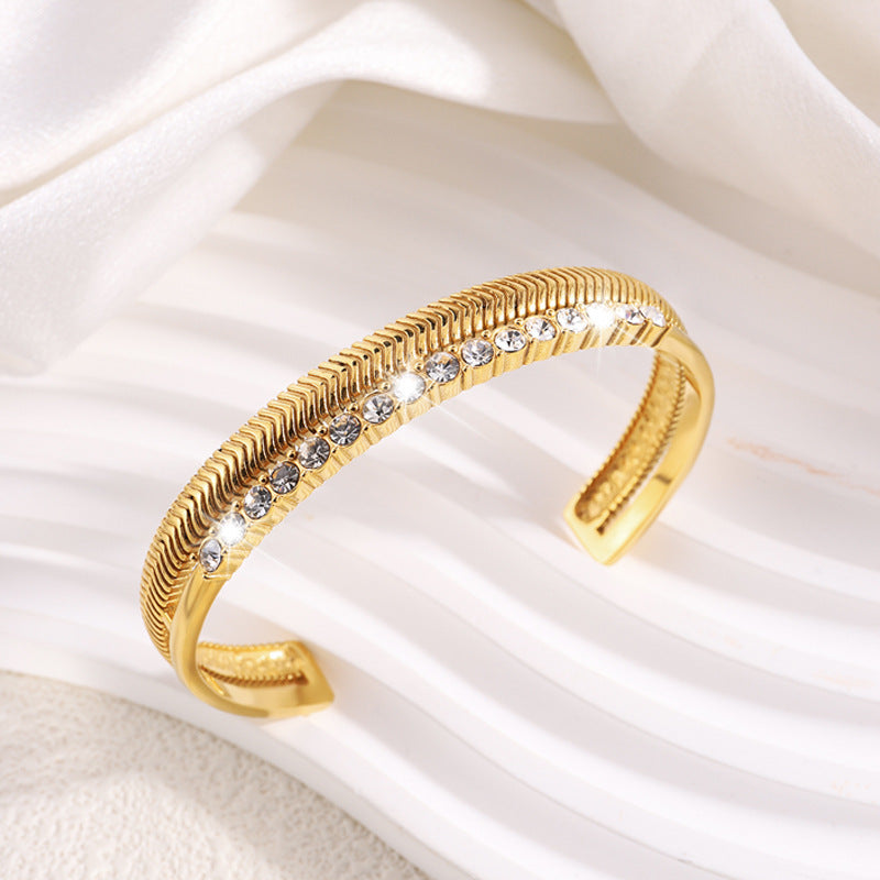 歐美跨境雙層鑲鑽人形魚骨紋開口手鐲不鏽鋼鍍金復古度假風手飾
