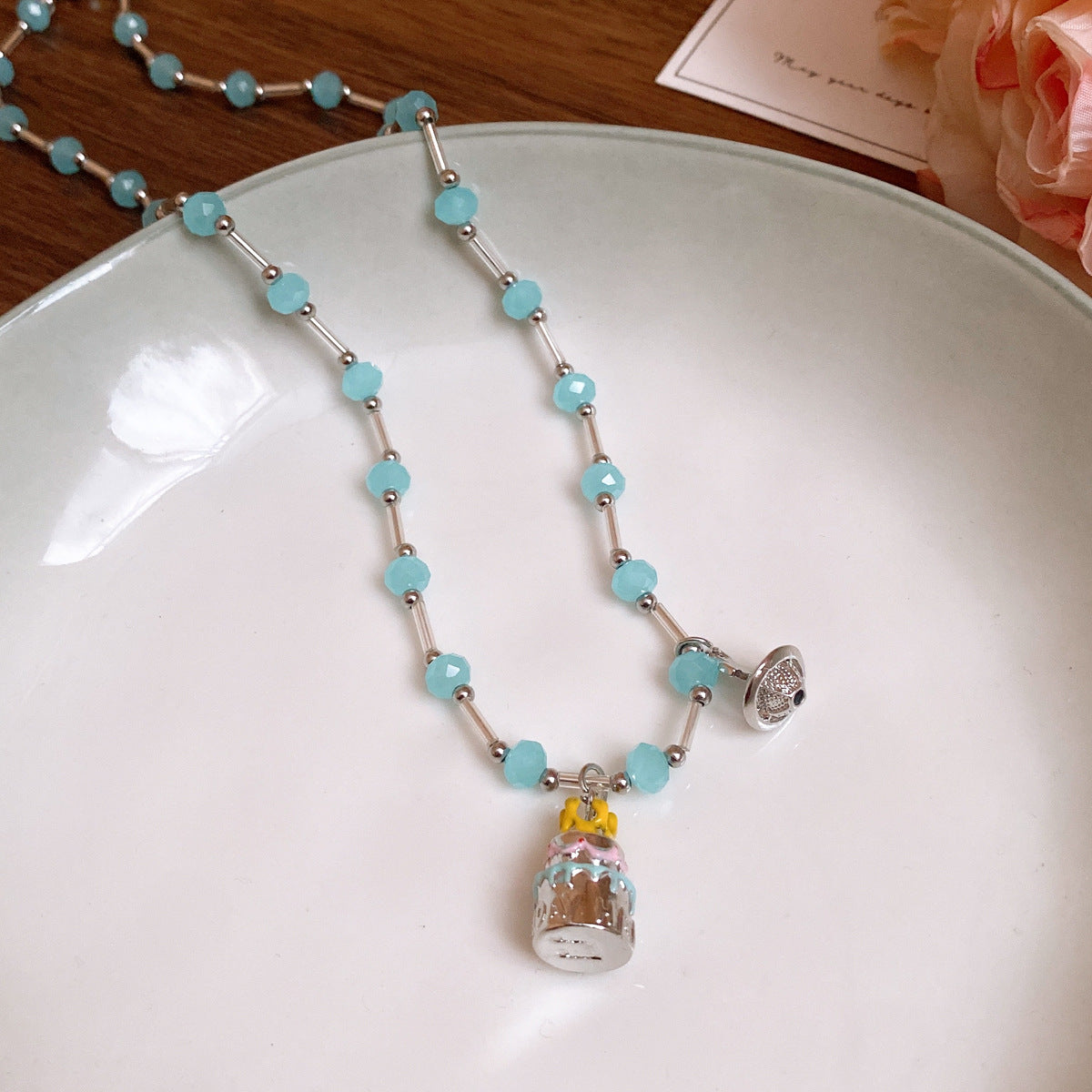 鈦鋼玻璃卡通蛋糕小狗星球項鍊日韓時尚可愛鎖骨鏈小衆設計感項飾