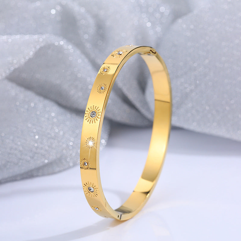 歐美Ins風太陽花鑲鑽鈦鋼手鐲女跨境滿天星個性小衆卡扣手鐲