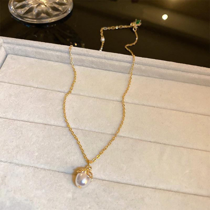 歐美時尚鋯石祖母綠珍珠花朵項鍊小衆設計感項墜網紅誇張個性項飾