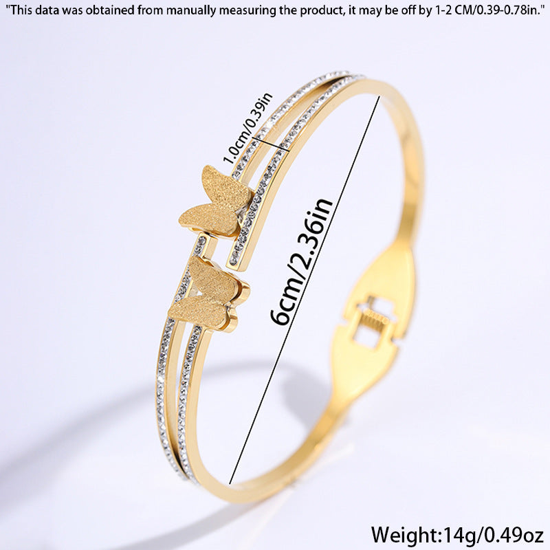 新款不掉色彈力開口鈦鋼手鐲女高級雙蝴蝶泥巴鑽個性輕奢手鐲飾品