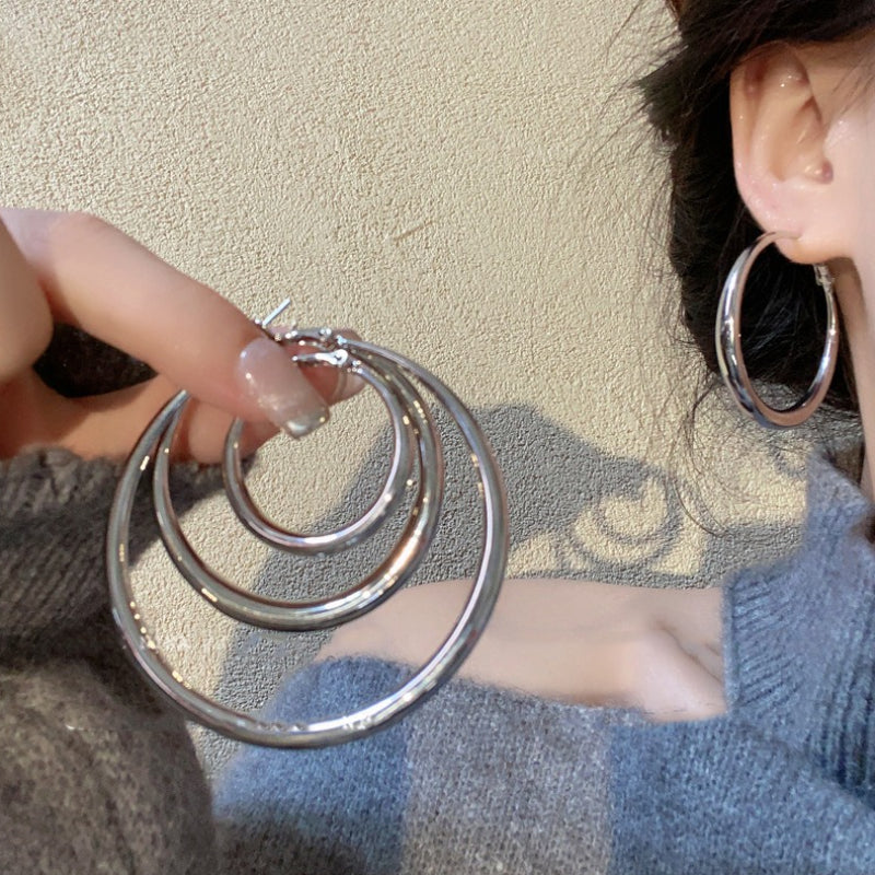 銀針歐美誇張圓形素圈耳環時尚個性冷淡風耳圈輕奢高級感耳飾