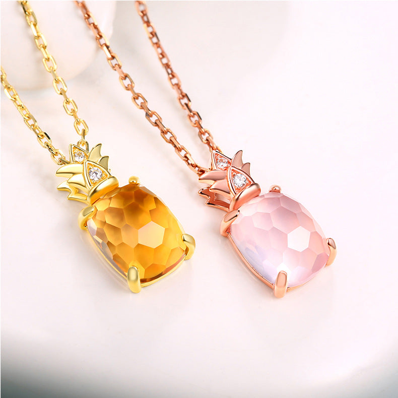 S925 純銀鍍 10K 金 / 玫瑰金項鍊｜天然黃、粉水晶仿鑽菠蘿造型，日韓可愛風必備