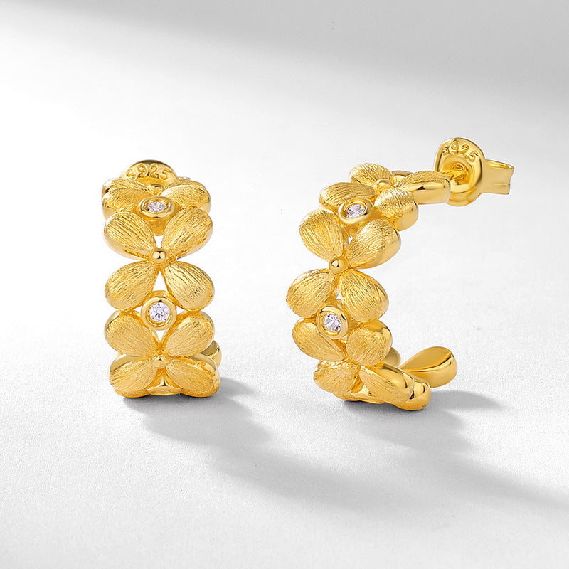 S925純銀鍍10K金 手工拉絲四葉花鑲仿鑽耳環丨輕奢時尚 百搭個性耳飾