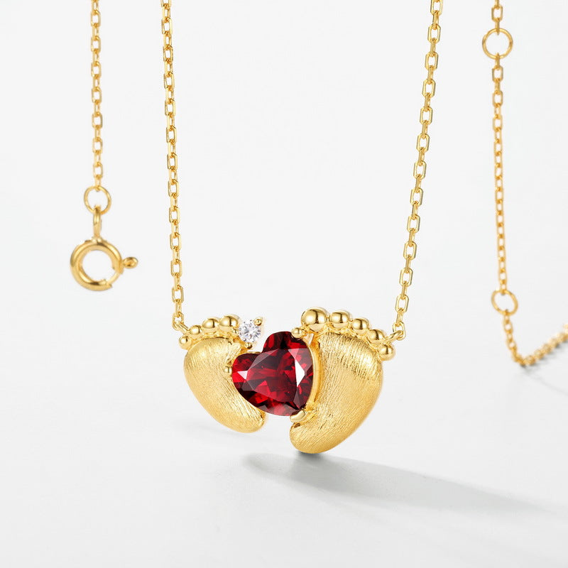 S925 sterling silver plated with 10K gold hand-brushed red garnet footprint necklace | Retro light luxury heart-shaped gem clavicle chain lucky commemorative jewelry