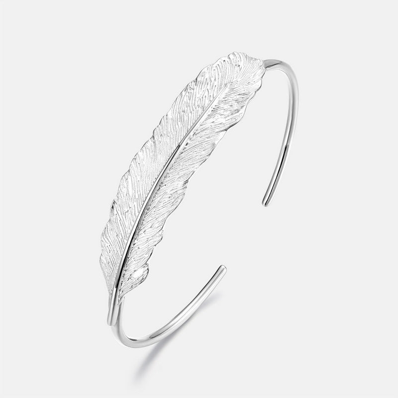 S925 sterling silver plated bright silver feather set | Hand-brushed light luxury retro jewelry four-piece set