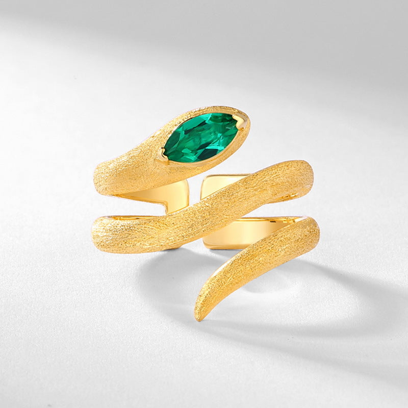 S925 sterling silver with 10K gold plated hand-brushed cultured emerald 12 zodiac snake ring | Emotional guardian ring, gift, personal wear, and collectible jewelry 