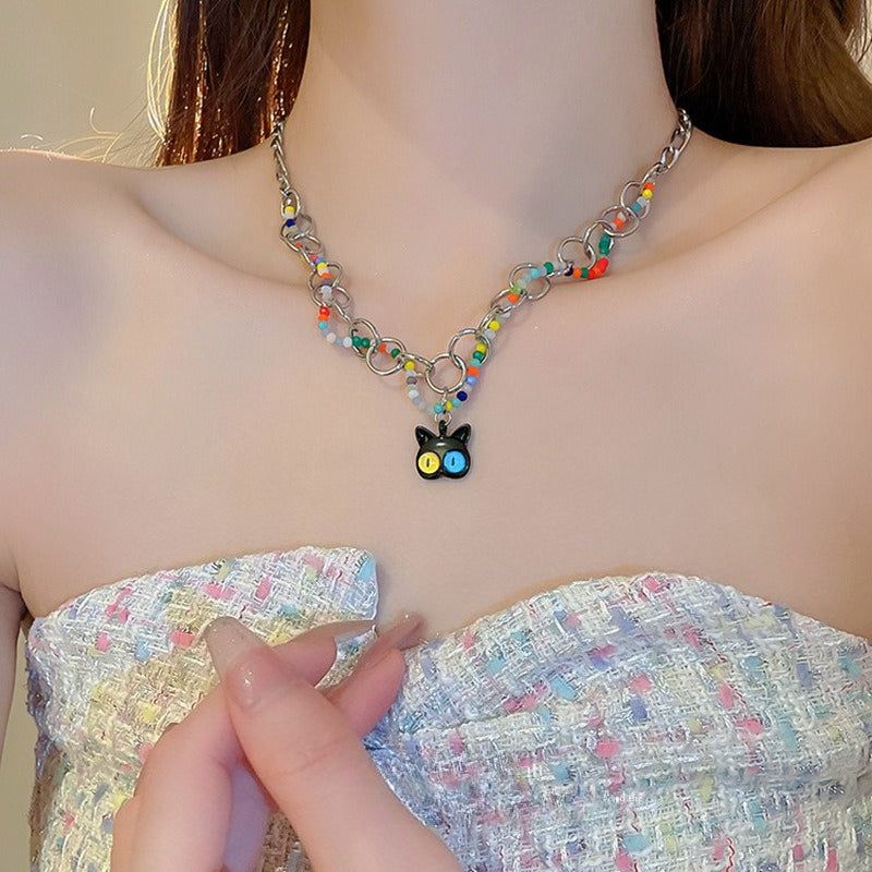 可愛彩色卡通大眼貓咪櫻桃項鍊暗黑系鎖骨鏈新款甜酷風高級感項飾