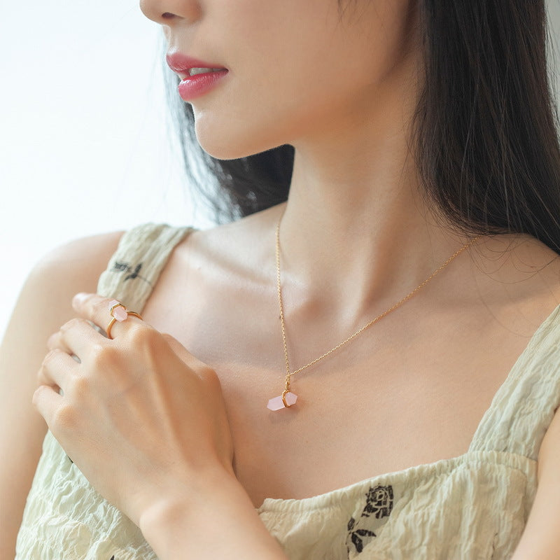 S925 純銀鍍 10K 金首飾套裝｜粉水晶幾何造型 甜美仙氣必備